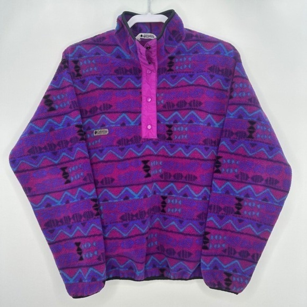 VTG Columbia Sportswear USA Aztec Fleece Pullover 1/4 Snap women's M Purple 90s